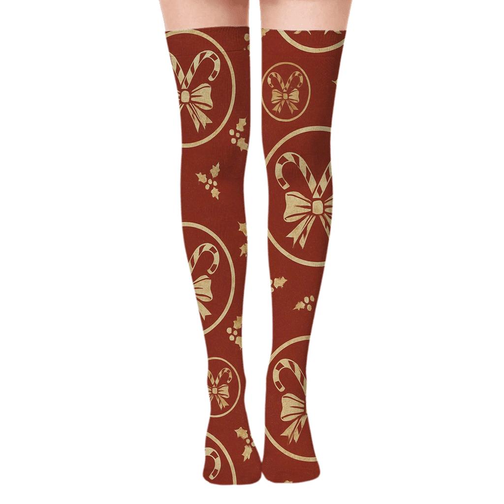 Vintage Poster Candy Canes Ribbon Medallions premium cozy over-the-knee socks