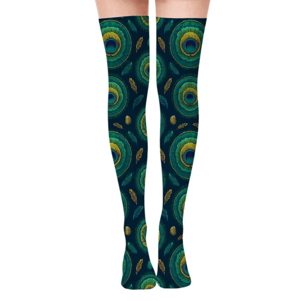Peacock Eye Feather Medallion Grid On Midnight Navy Background custom over-the-knee socks