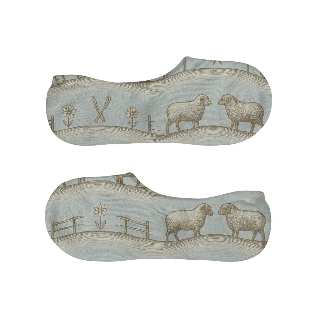 Vintage Pasture Study, Sheep Repeat soft cotton no-show socks