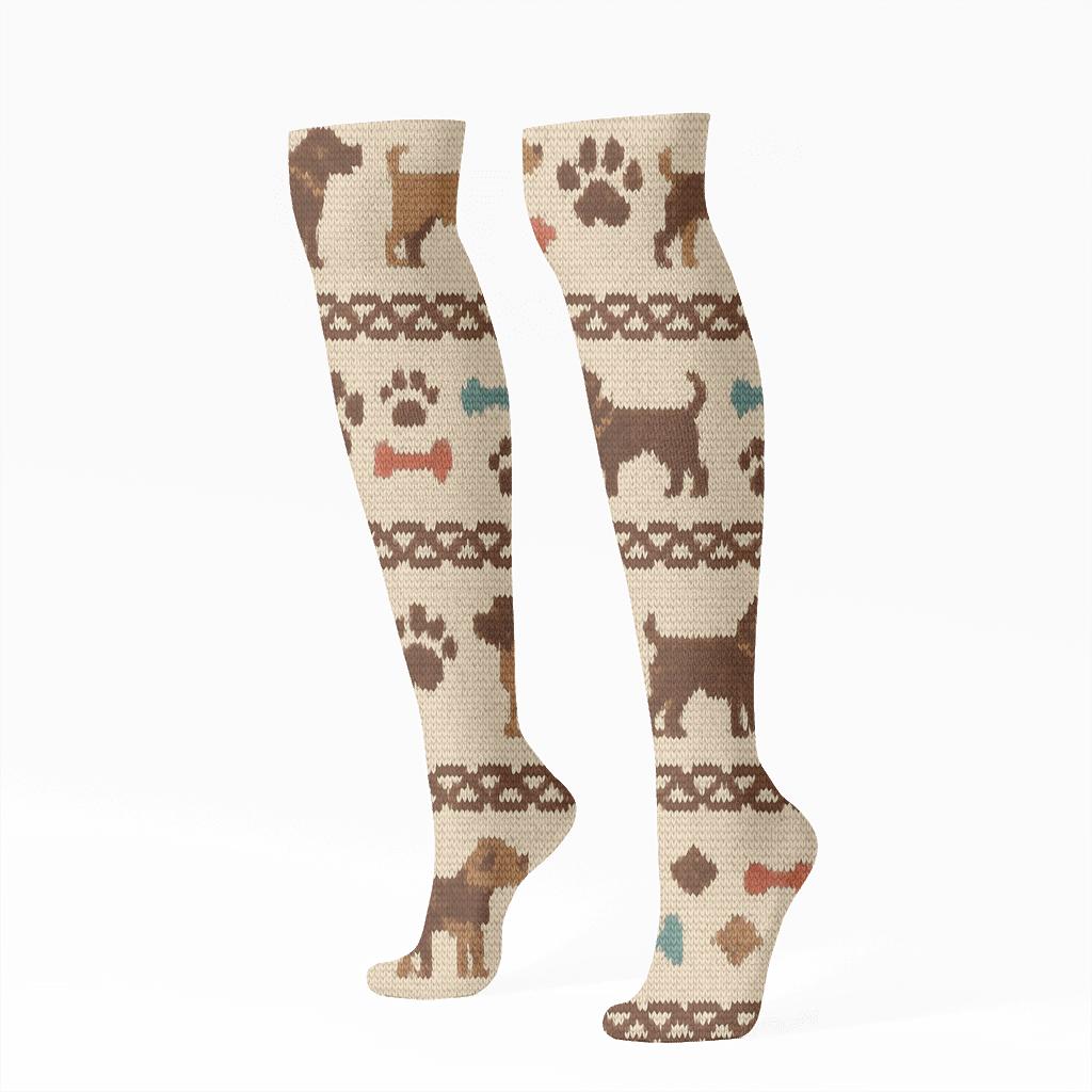 Knitted Fair Isle Dog Parade custom knee-high socks