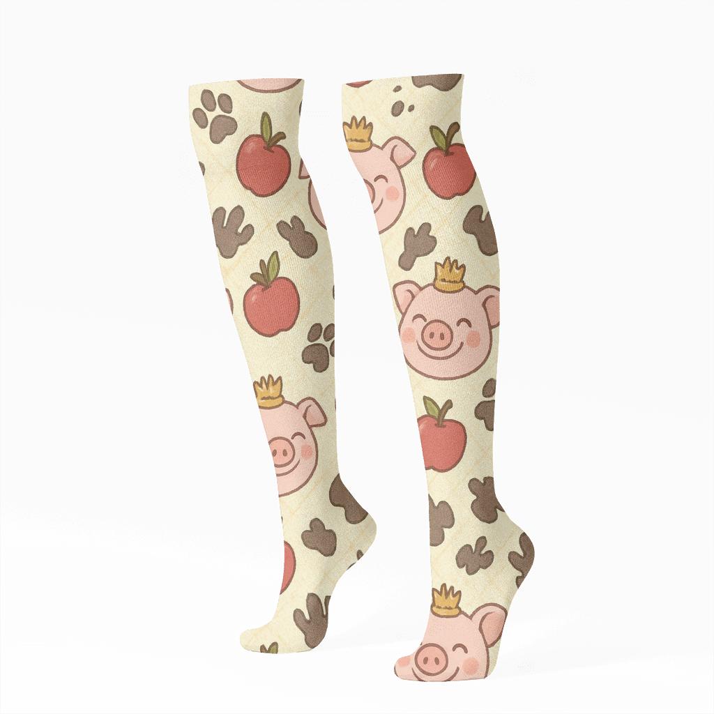 Pig Crown Kaleidoscope On Cream Field custom knee-high socks