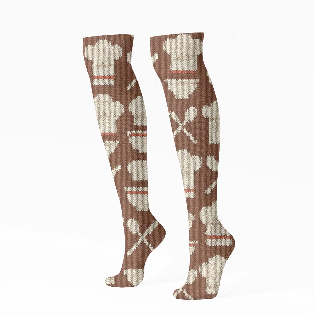 Knitted Pattern Illusion Chef Hat Wave On Earthy Brown premium sports knee-high socks