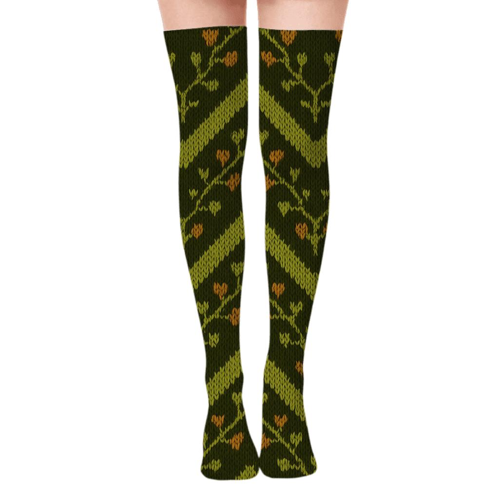 Knitted Ivy Chevron On Deep Olive designer print over-the-knee socks