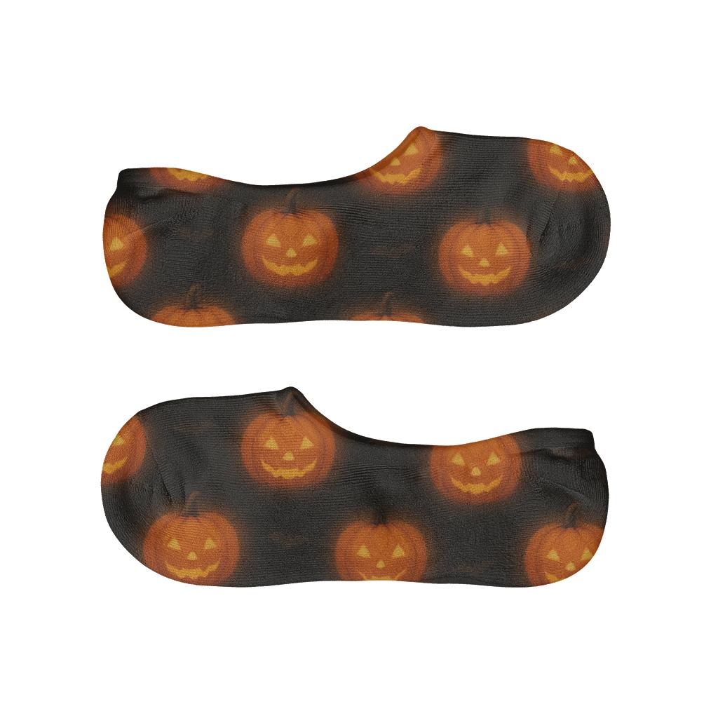 Glowing Orange Pumpkin Halo Dots On Black Background low cut no-show socks