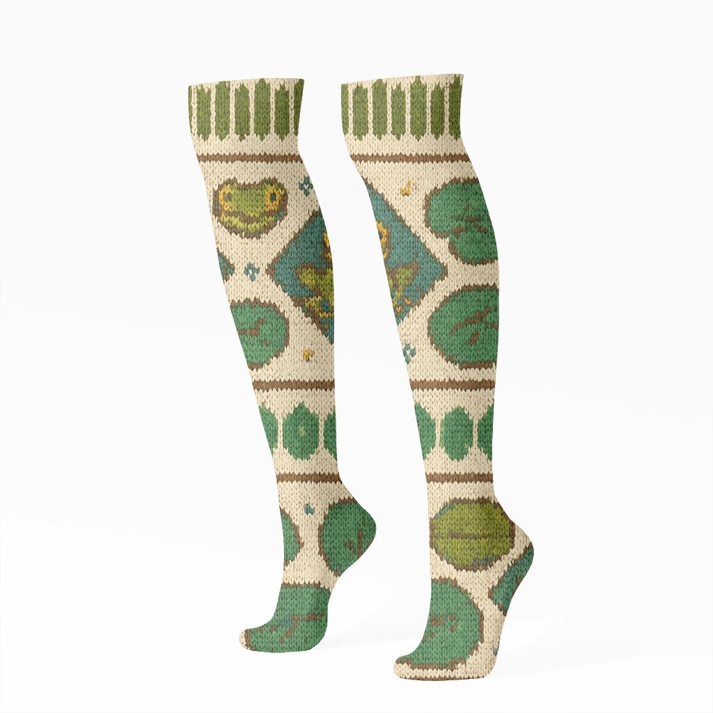 Pond Band Sampler With Frog Motifs trendy patterned knee-high socks