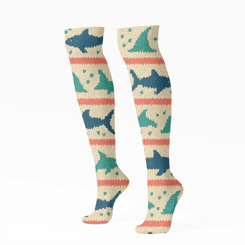 Knitted Reef Rhythm Shark Pattern unique graphic knee-high socks