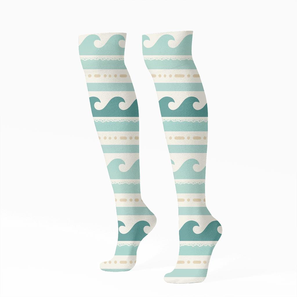 Seafoam Tide Bands With Pebble Morse Texture designer print knee-high socks