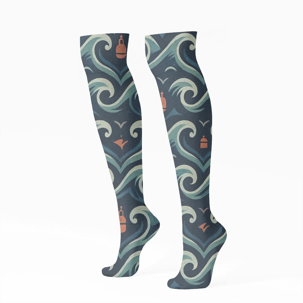 Storm Swell Chevron With Vintage Buoy Icons designer print knee-high socks