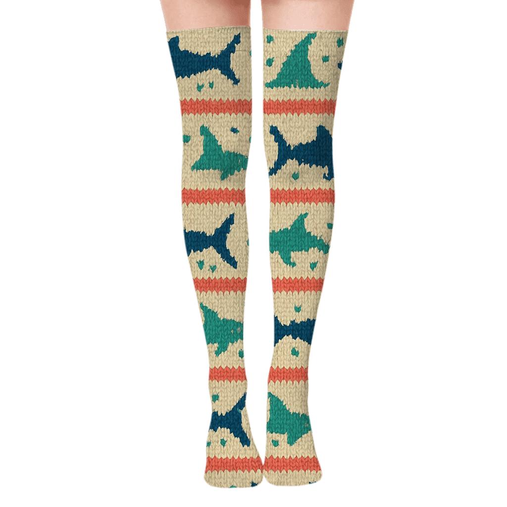 Knitted Reef Rhythm Shark Pattern stylish fashion over-the-knee socks