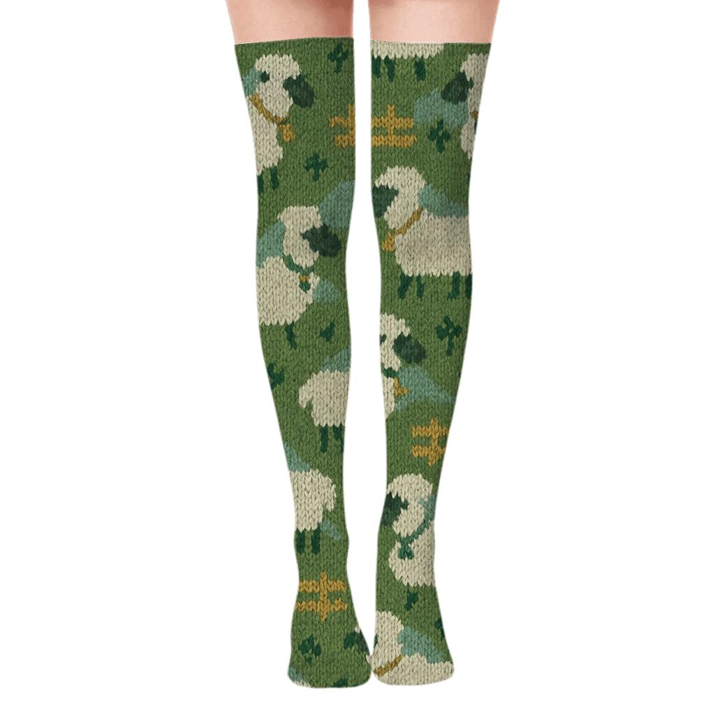 Knitted Hills Pattern With Sheep Rhythm premium cozy over-the-knee socks