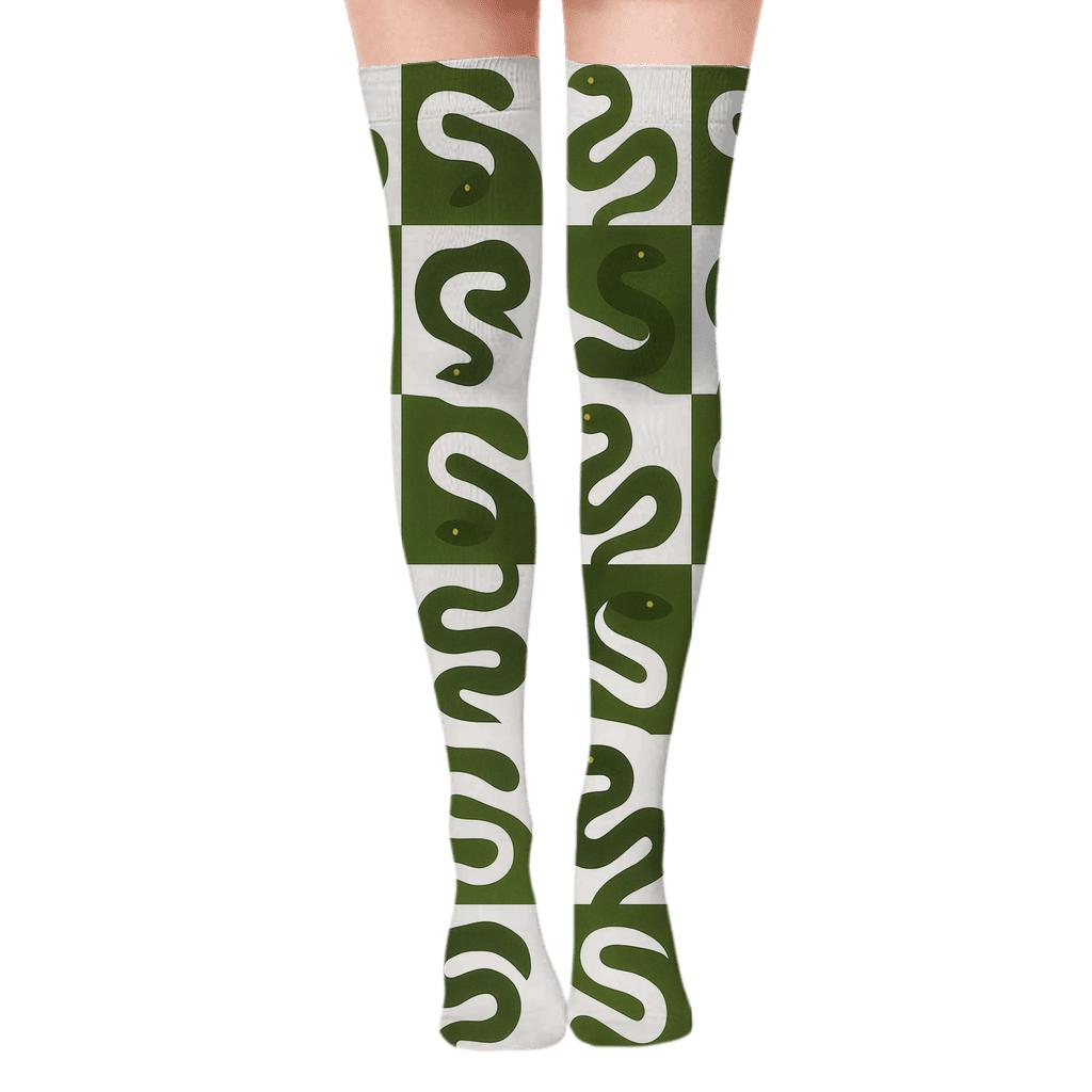 Minimal Grid Of Silhouettes, Snake In Moss Green comfortable cotton over-the-knee socks