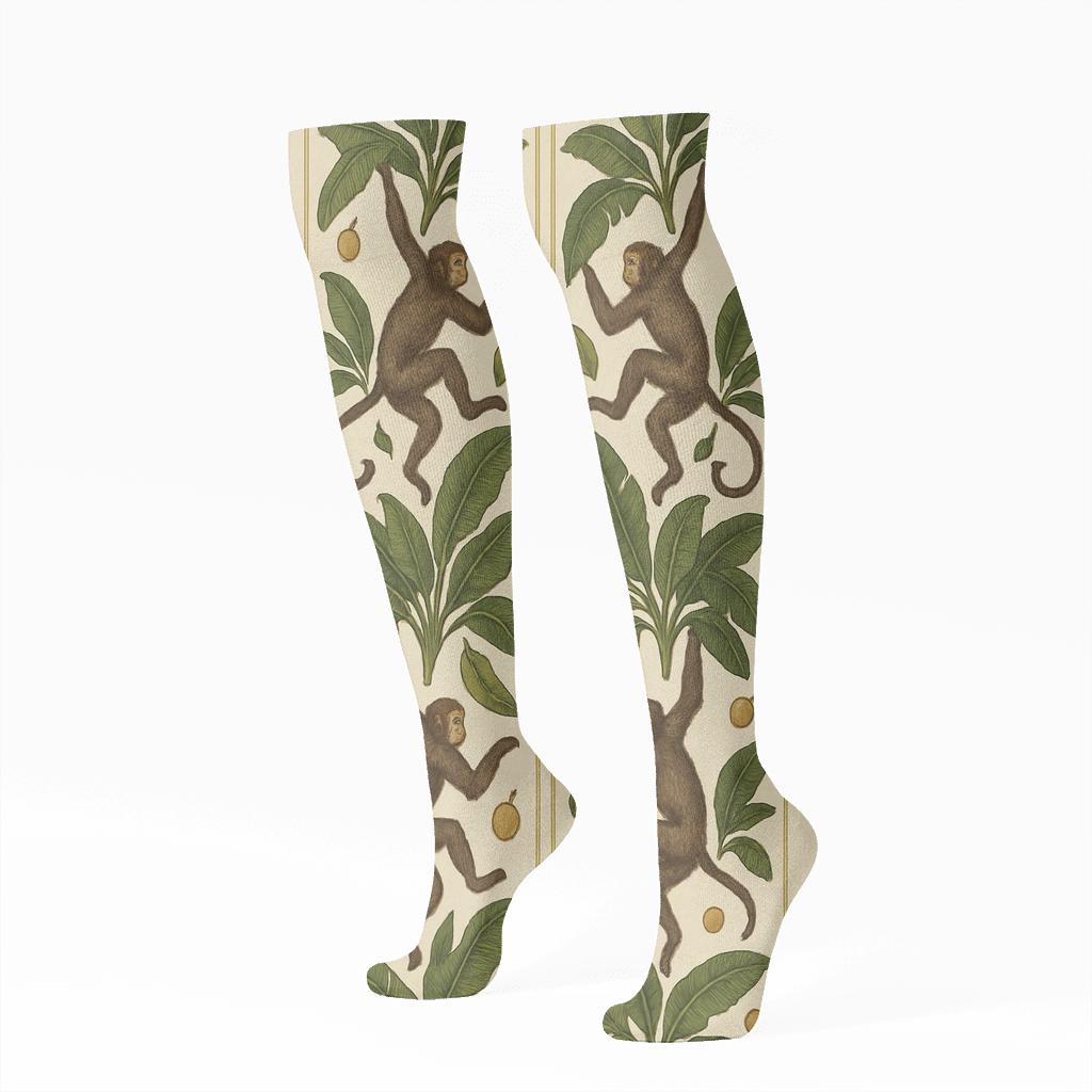 Botanical Poster Repeat With Monkey Motifs stylish athletic knee-high socks