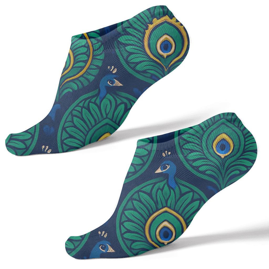 Peacock Tail Eye Radial Medallions On Navy Background premium sports ankle socks