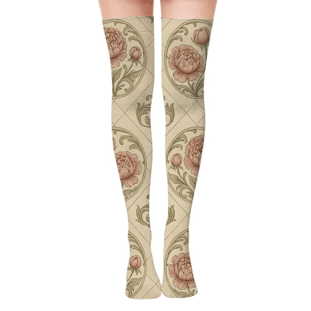 Vintage Peony Medallion Lattice On Warm Ivory Background unique graphic over-the-knee socks