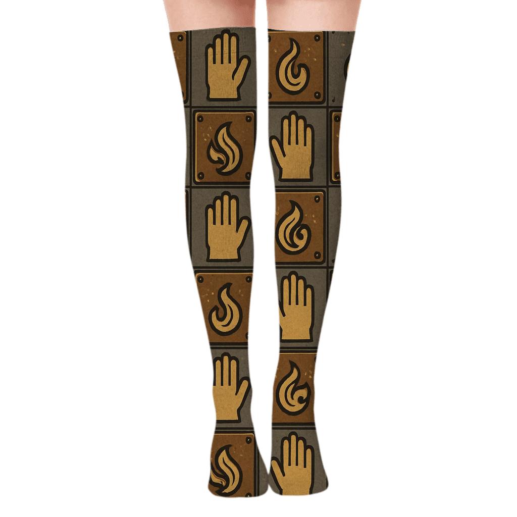 Metal Plate Grid With Welder Motifs designer print over-the-knee socks