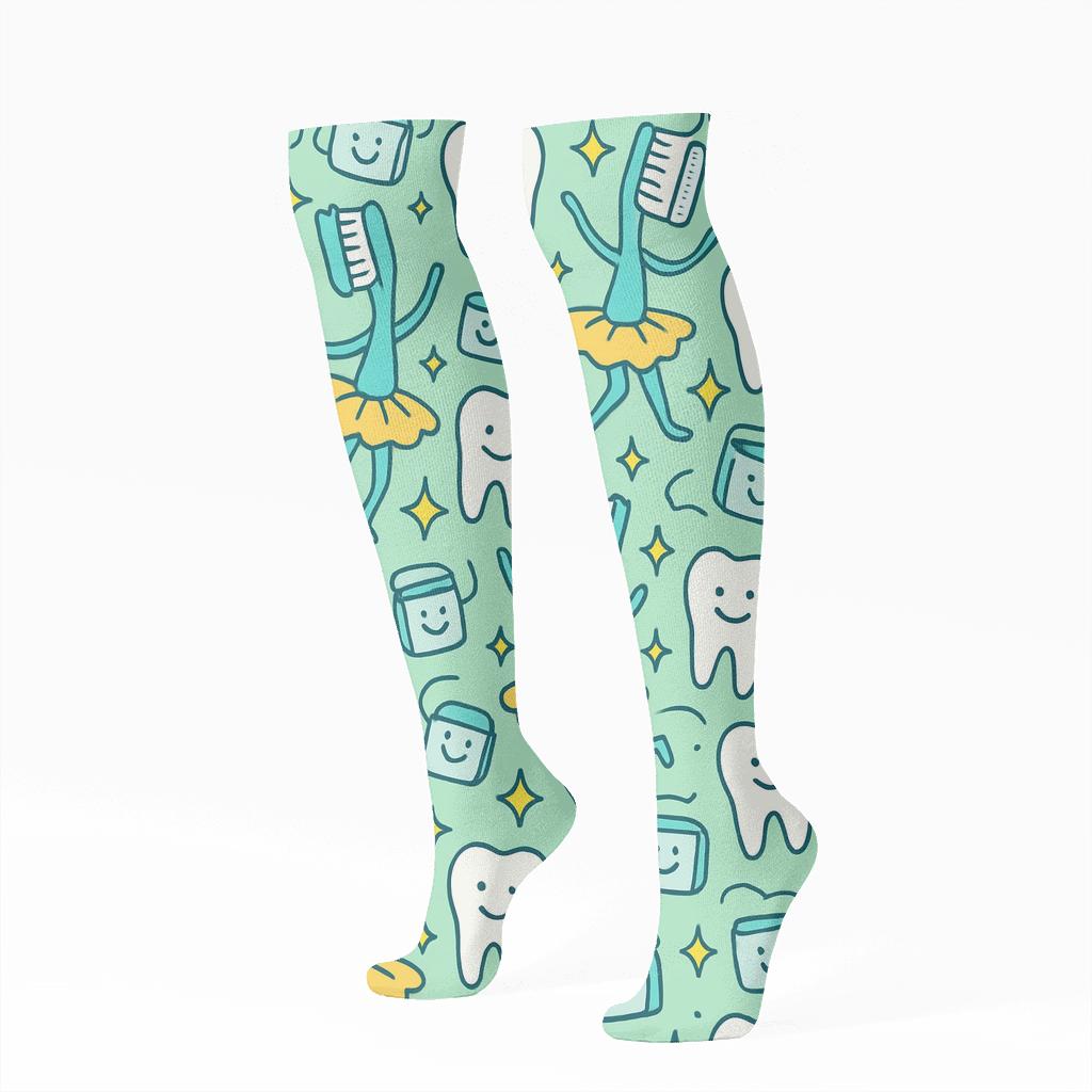 Toothbrush Tutu Parade For Dentist Pattern designer print knee-high socks