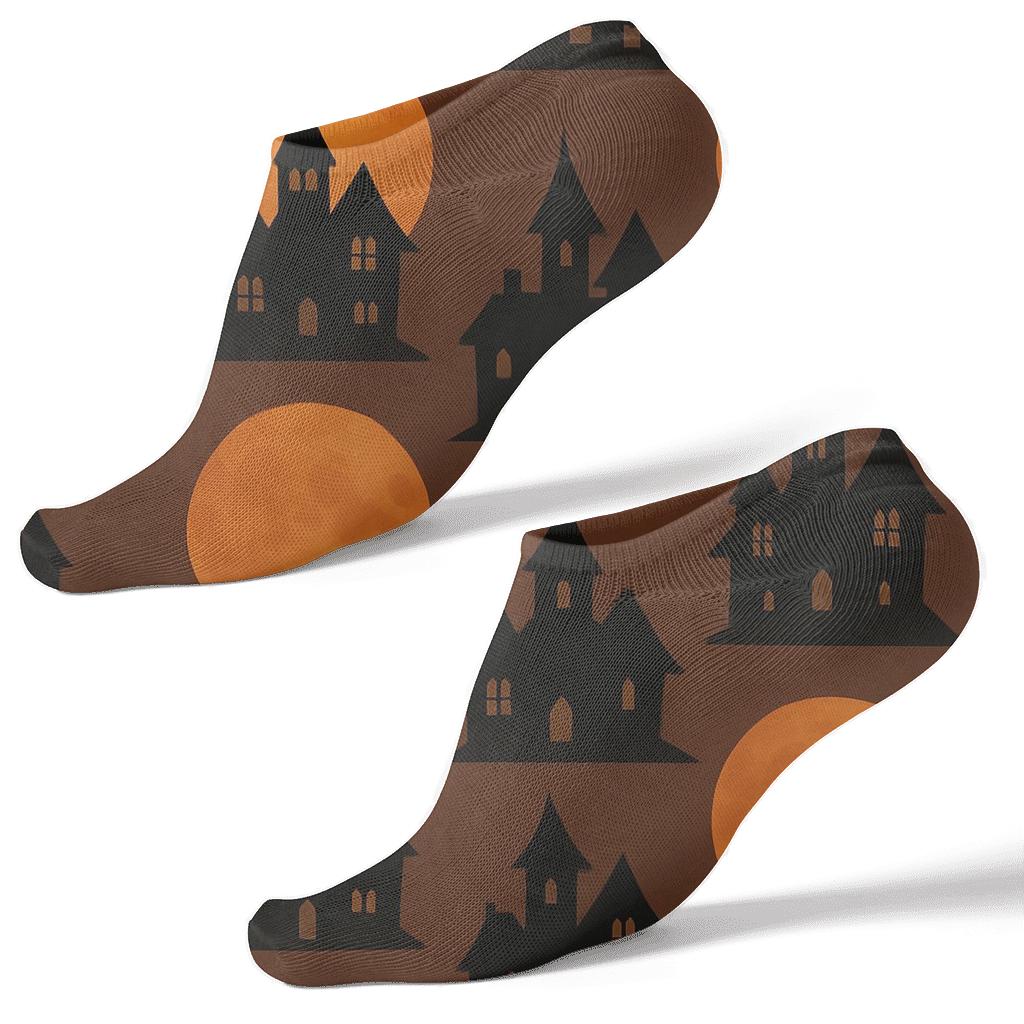 Haunted House Silhouette And Orange Moon Repeat On Brown Background custom ankle socks