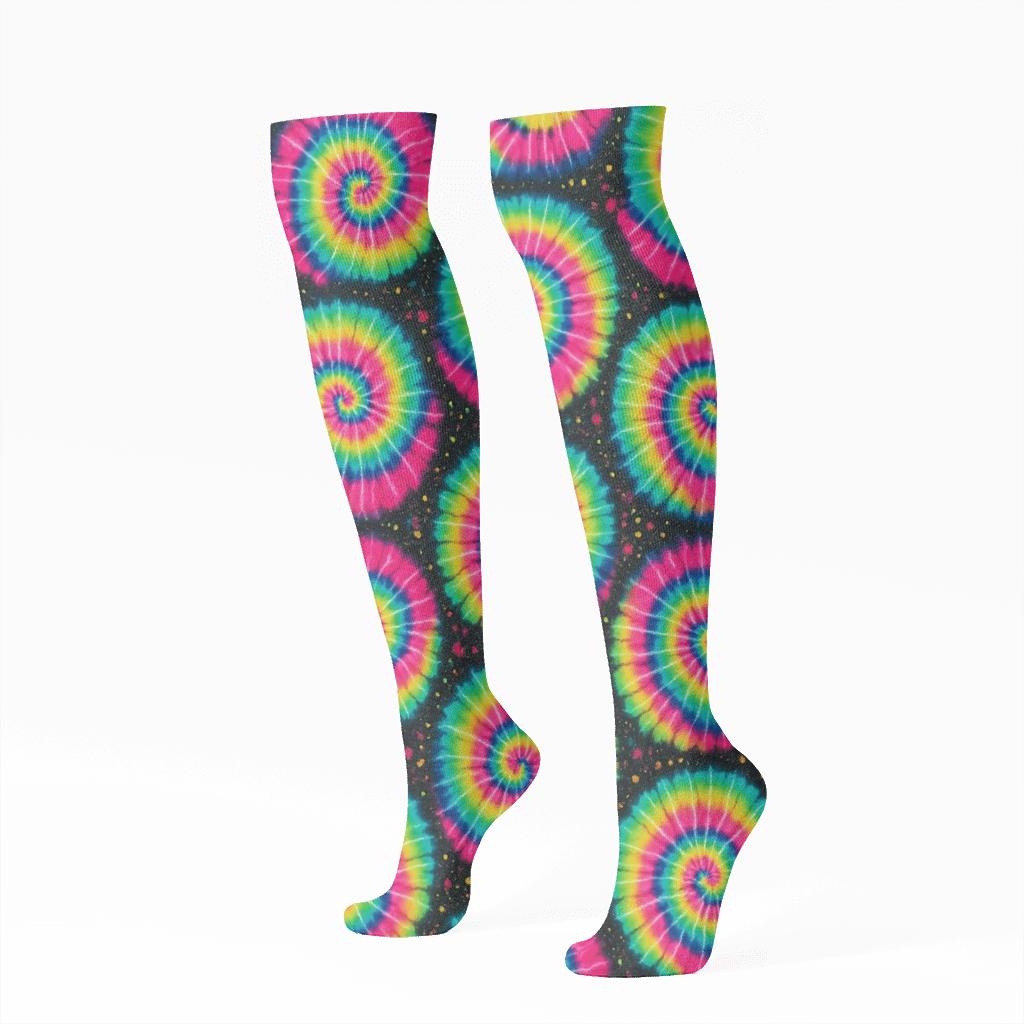 Neon Spiral Tile Mirage On Black Background trendy patterned knee-high socks