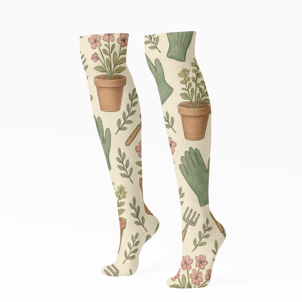 Botanical Collage With Gardener Tools designer print knee-high socks
