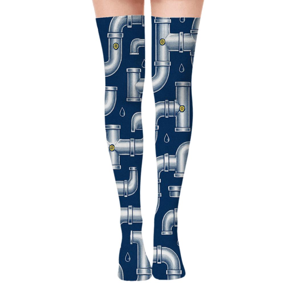 Pipe Lattice Blueprint, Plumber Edition designer print over-the-knee socks