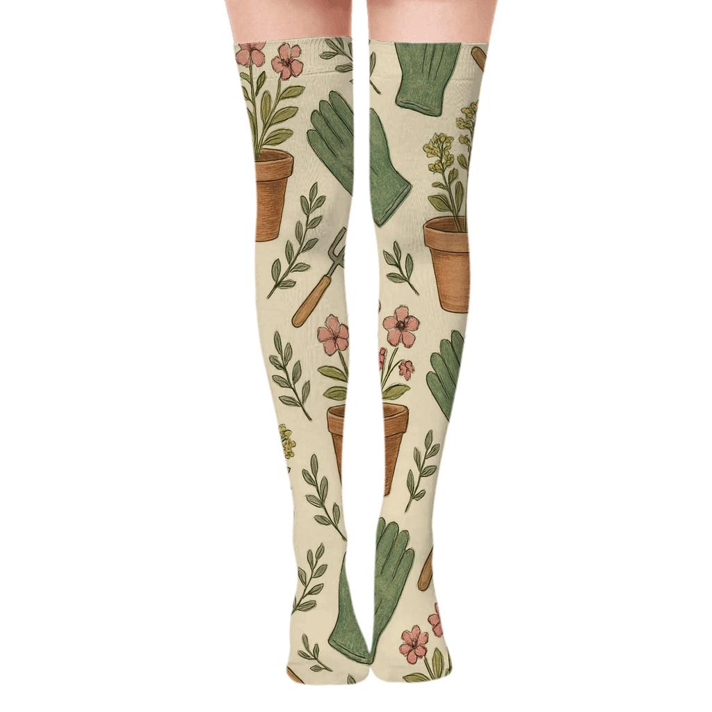 Botanical Collage With Gardener Tools soft everyday over-the-knee socks