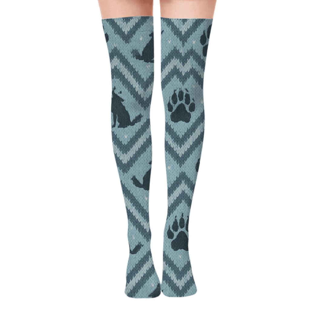 Gray Wolf Paw Print Chevron On Icy Blue unique graphic over-the-knee socks