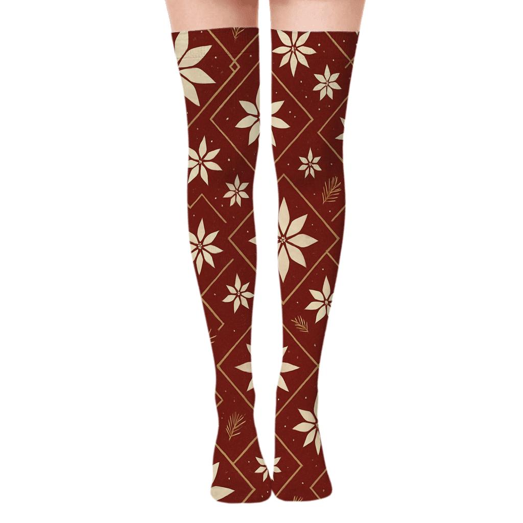 Gold Filigree Poinsettia Star Lattice On Deep Crimson unique graphic over-the-knee socks