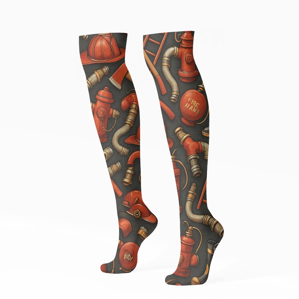 Fire Fighter Equipment Collage Tessellation comfortable cotton knee-high socks