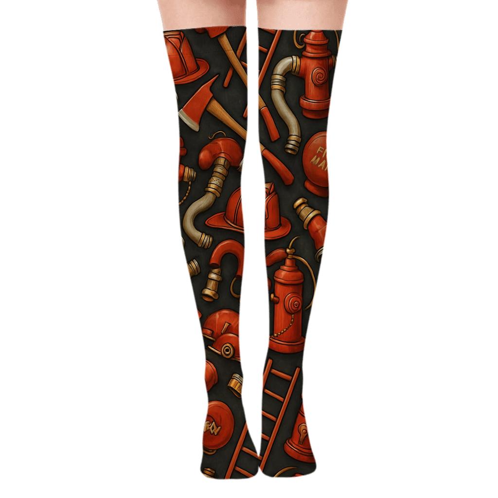 Fire Fighter Equipment Collage Tessellation trendy patterned over-the-knee socks