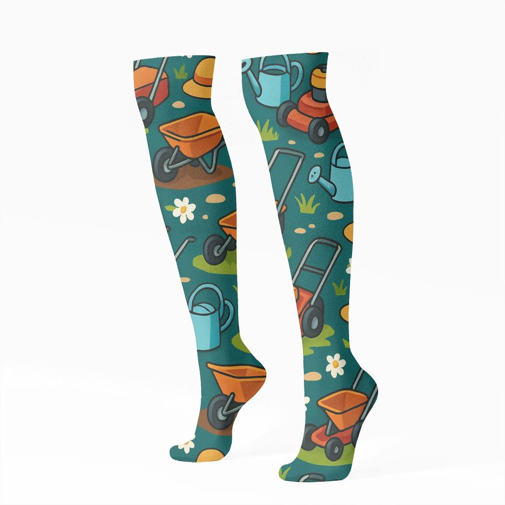 Garden Tool Grid With Groundskeeper Charm designer print knee-high socks