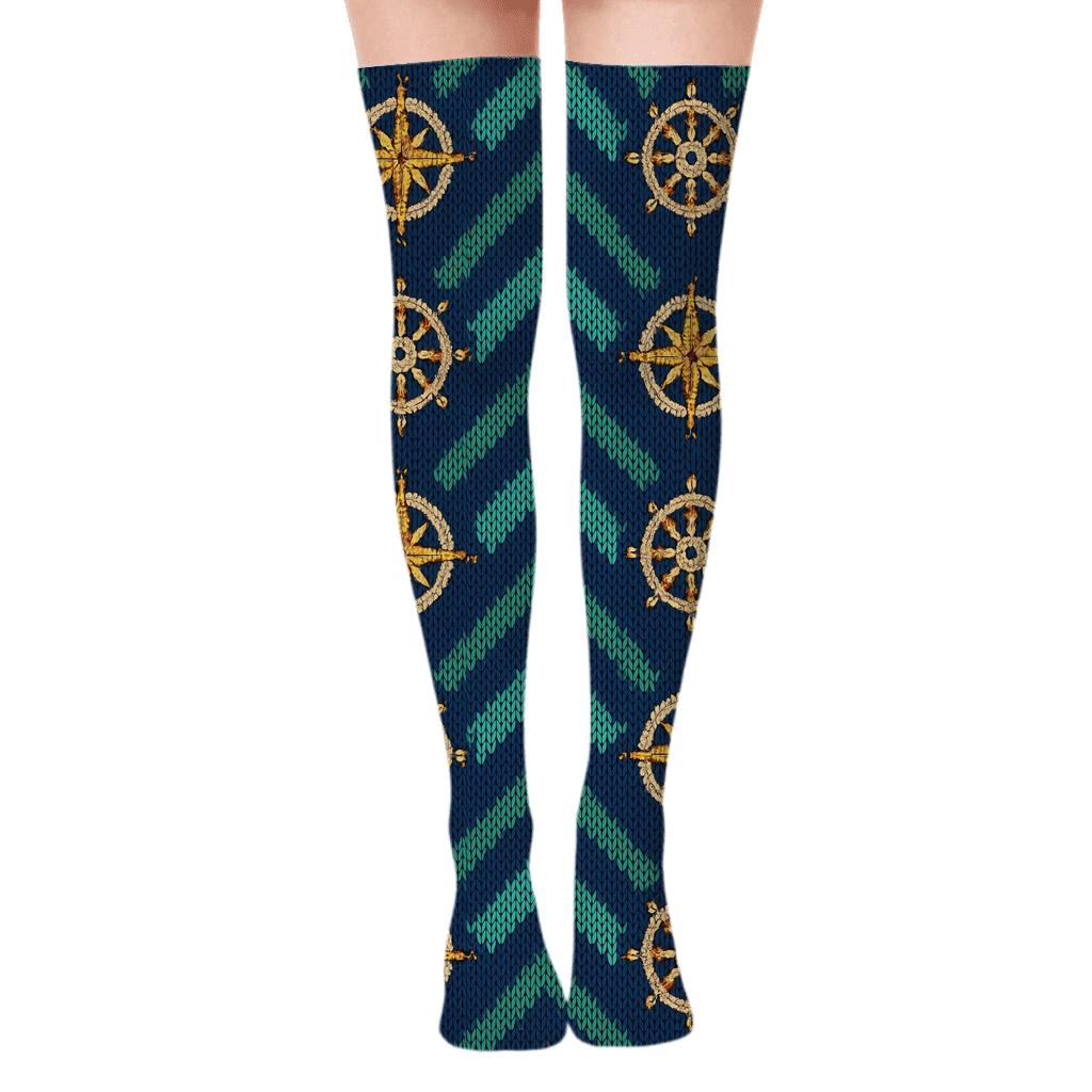Knitted Pattern Illusion Ship Captain Compass And Rope Chevron designer print over-the-knee socks