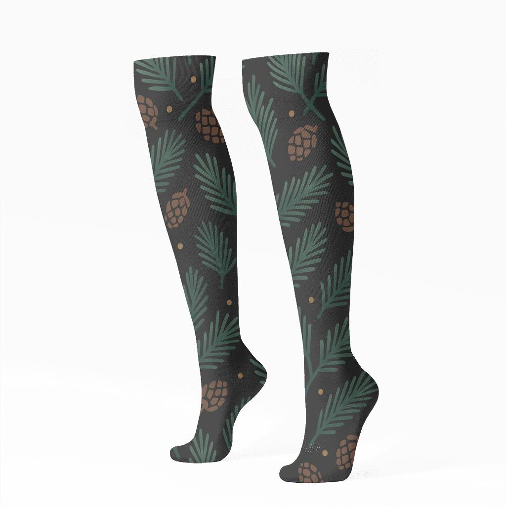 Midnight Lattice Evergreen Branches Print personalized knee-high socks