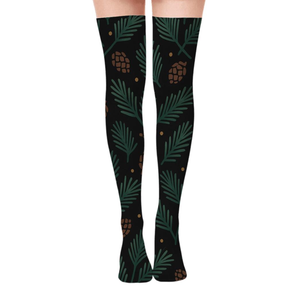 Midnight Lattice Evergreen Branches Print stylish fashion over-the-knee socks