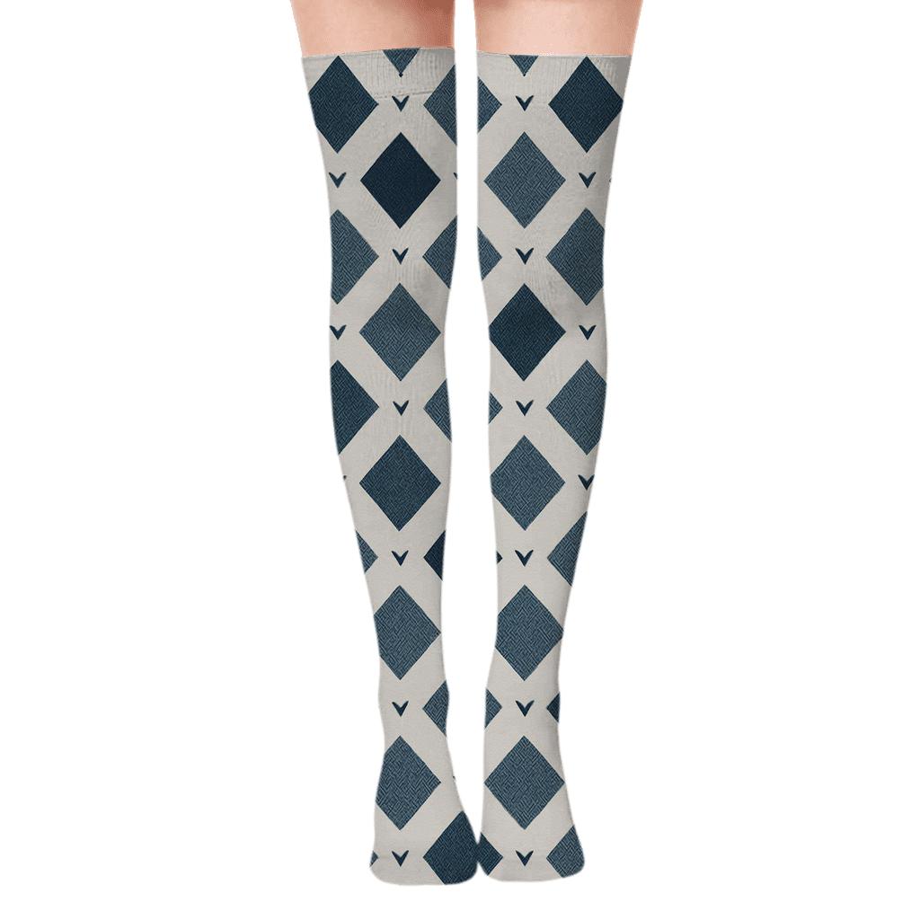 Navy And White Diagonal Diamond Check With Tiny Chevron Fill On Pale Gray premium cozy over-the-knee socks