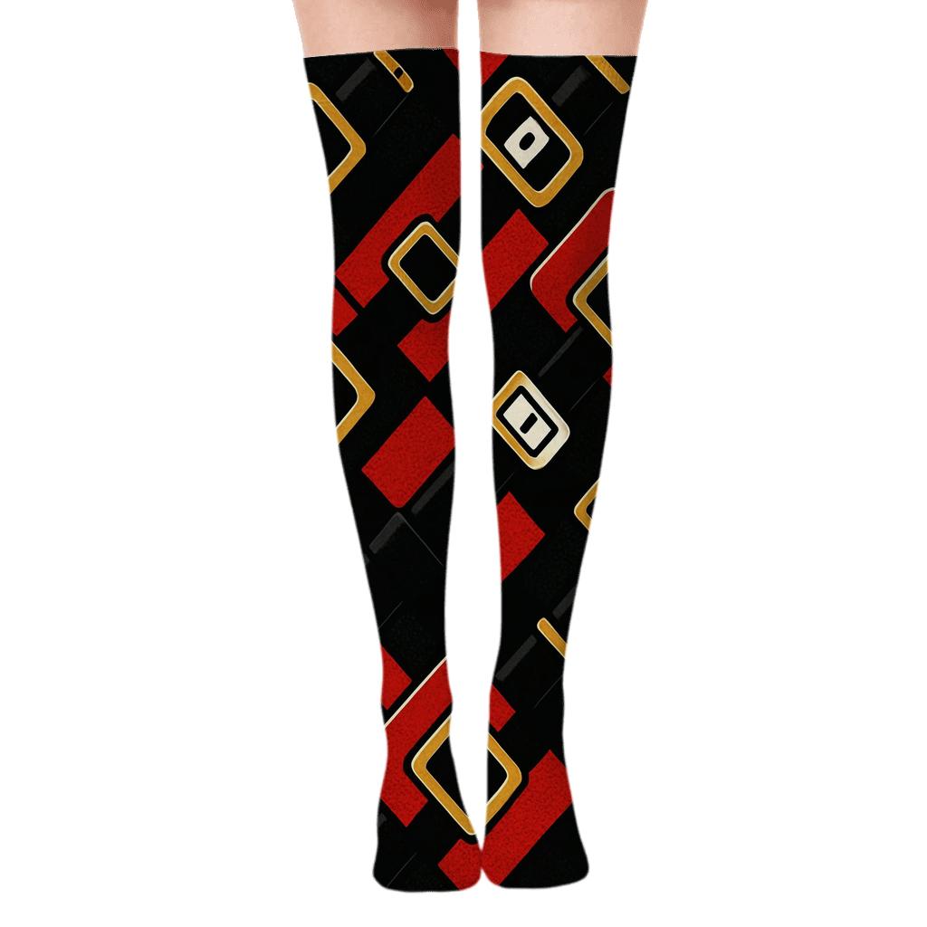 Pop Art Belt Buckle Santa Pattern unique graphic over-the-knee socks