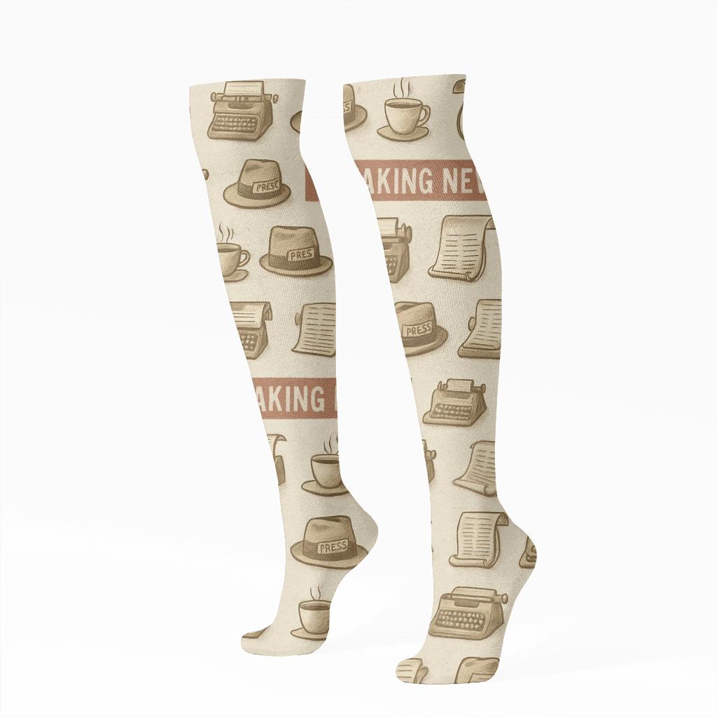 Newsprint Bands With Journalist Coffee Break unique graphic knee-high socks