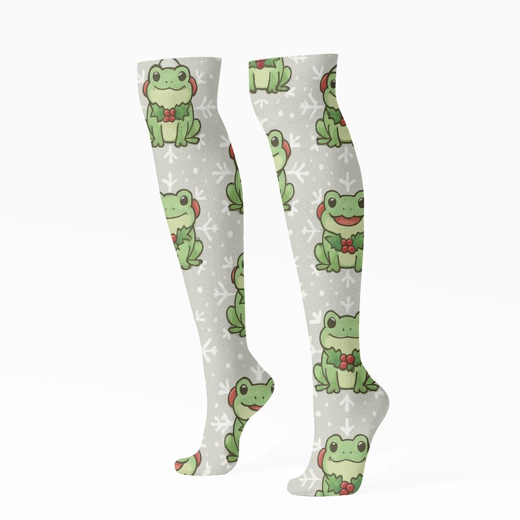 Holly Frog Snowflake Grid On Light Gray Background unique graphic knee-high socks
