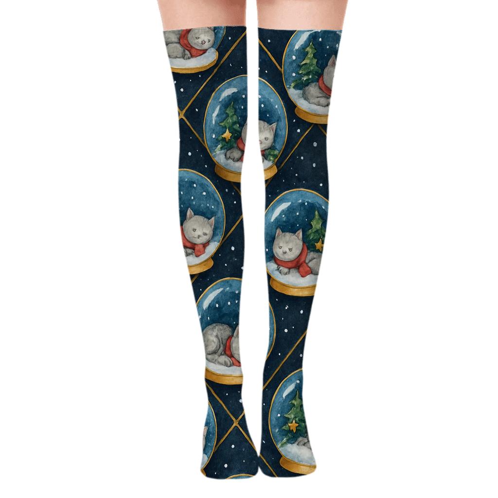 Midnight Snow Globe Space Cats Lattice On Charcoal Background trendy patterned over-the-knee socks