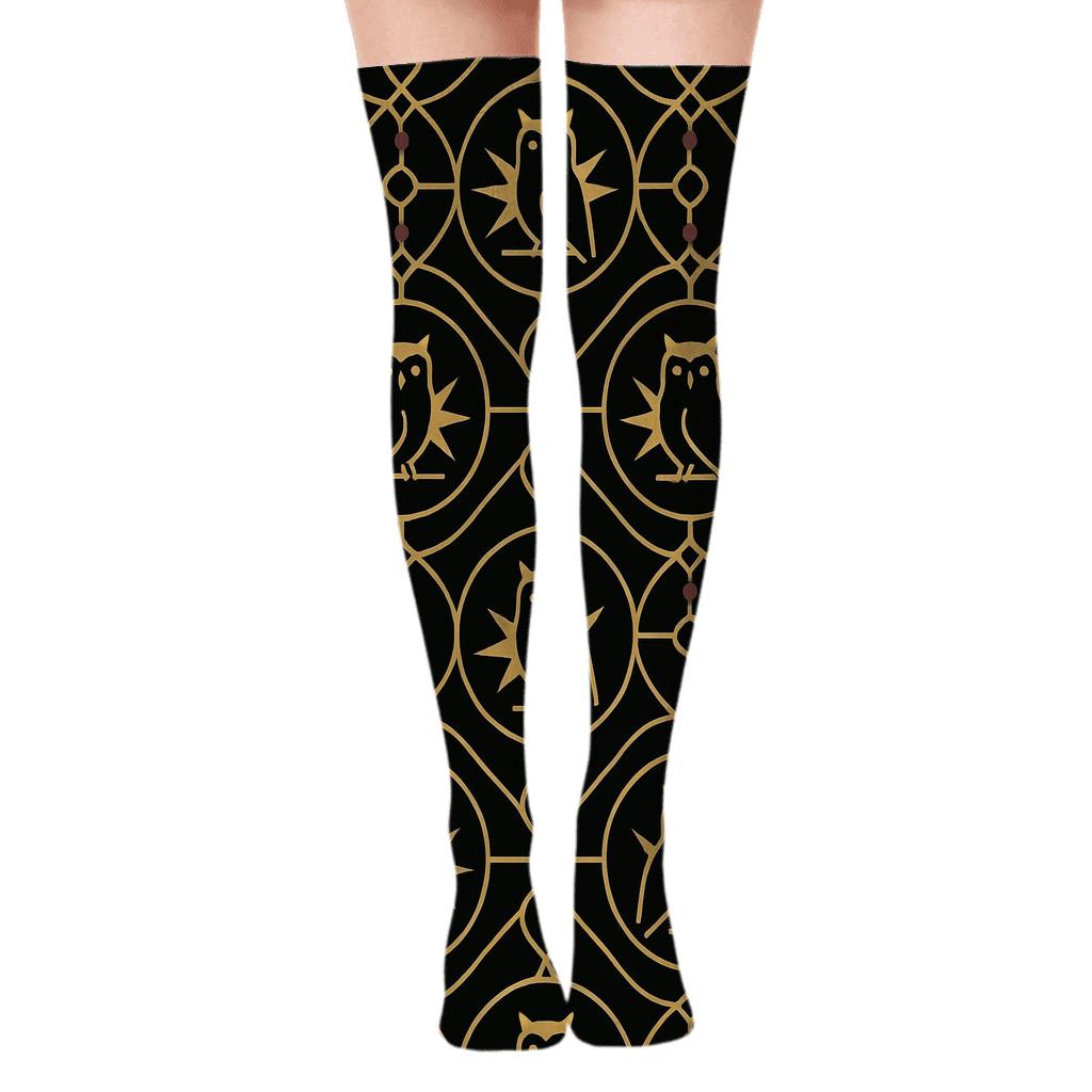 Gold Star Owl Medallion Lattice On Black Background unique graphic over-the-knee socks