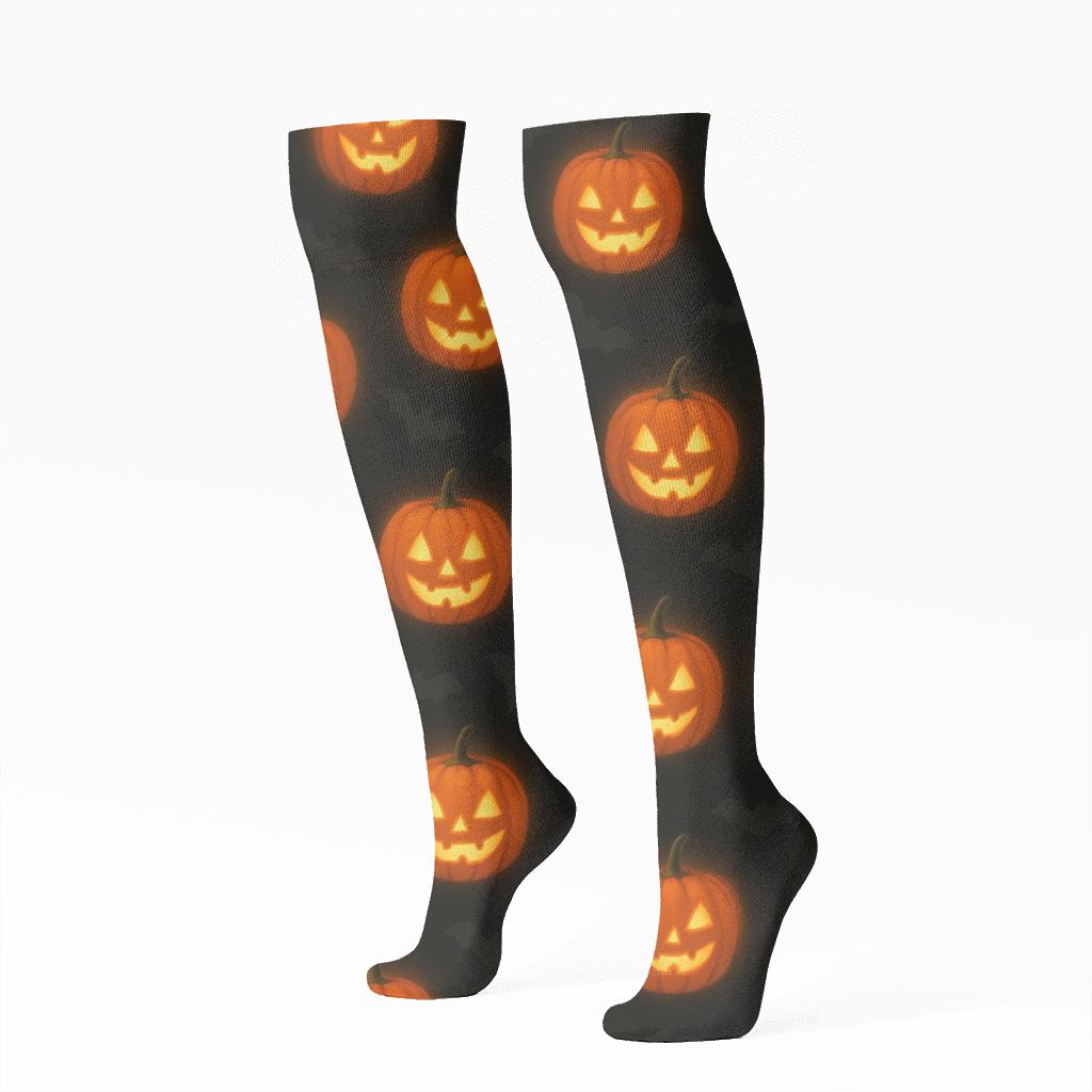 Glowing Pumpkin And Bat Scatter On Black Background premium sports knee-high socks