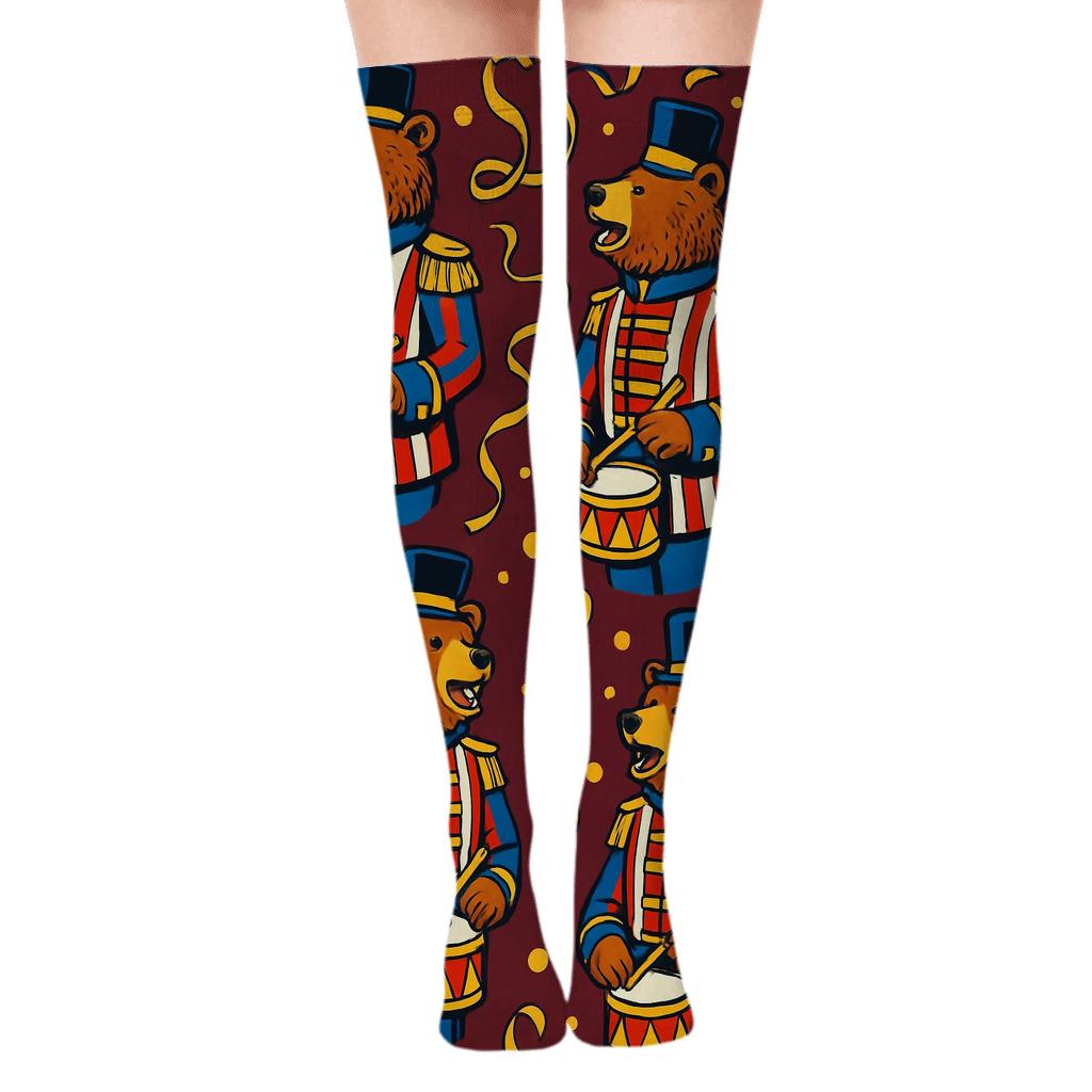 Nutcracker Bear Ribbon Scatter On Burgundy Background custom over-the-knee socks