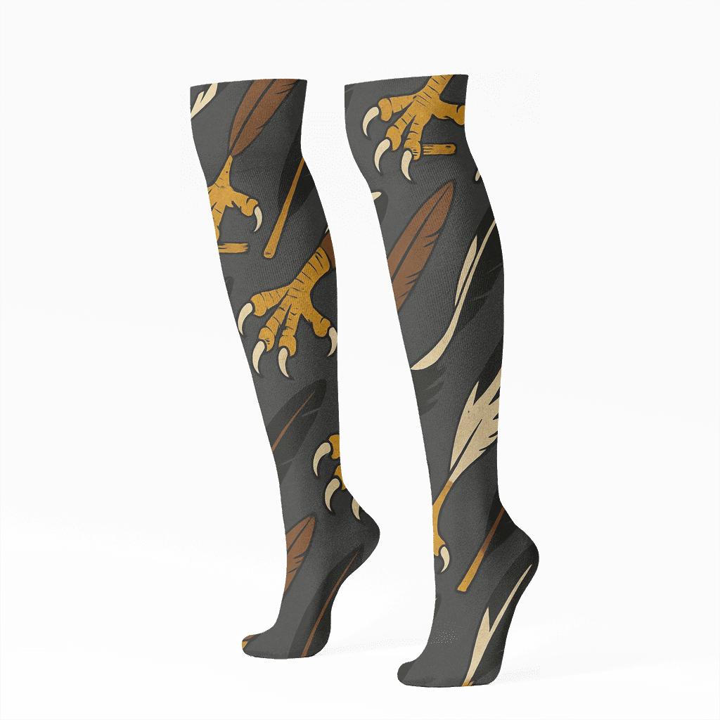 Eagle Talon And Feather Diagonal Array On Charcoal Background designer print knee-high socks