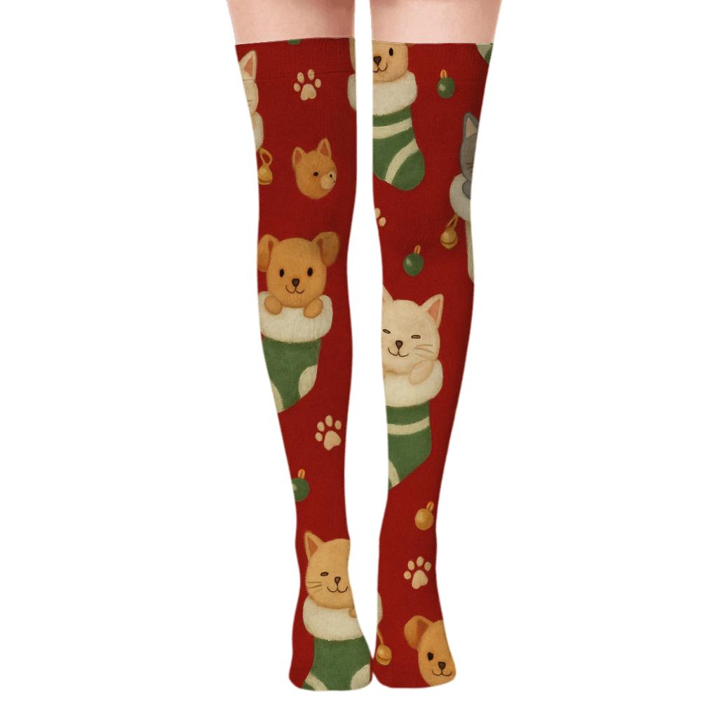 Holiday Pet Stocking Scatter On Red soft everyday over-the-knee socks