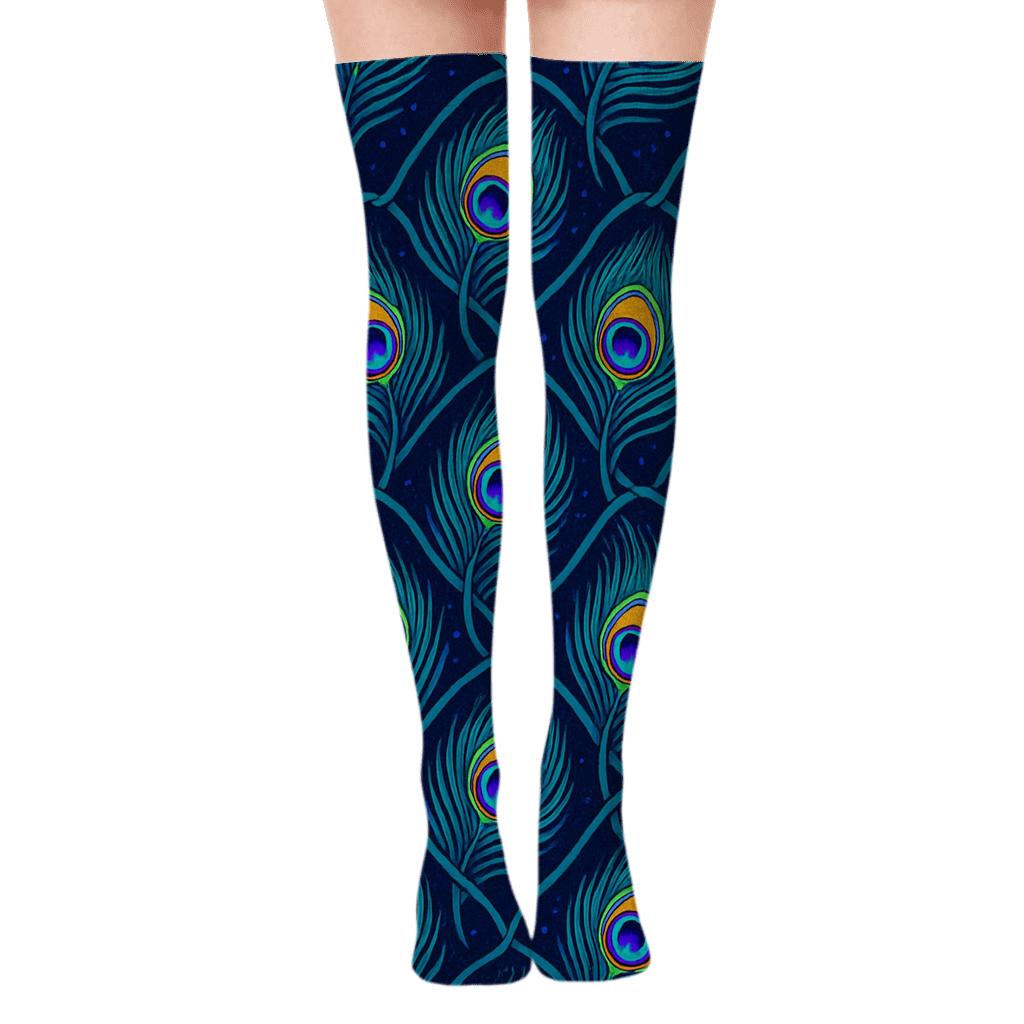 Peacock Eye Feather Lattice On Midnight Navy Background custom over-the-knee socks