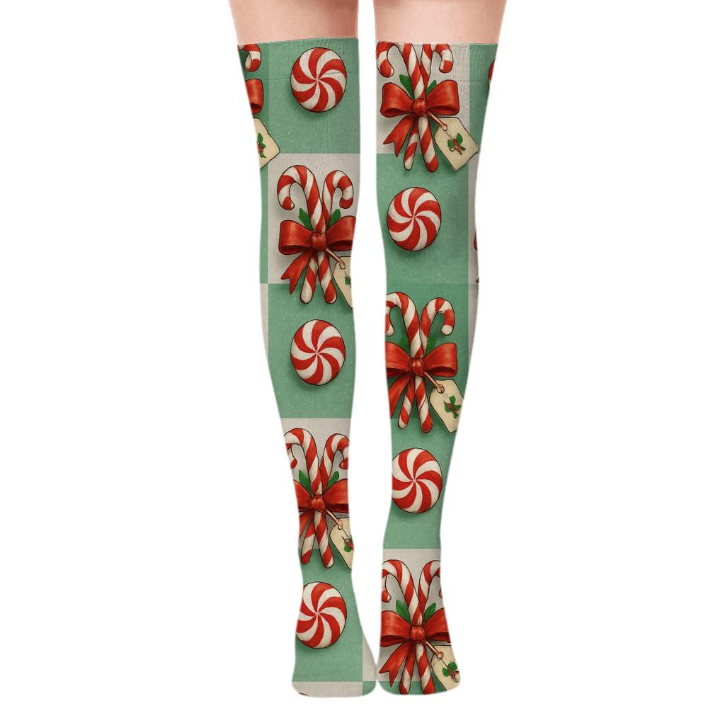 Festive Collage Candy Canes Vignette Tiles unique graphic over-the-knee socks