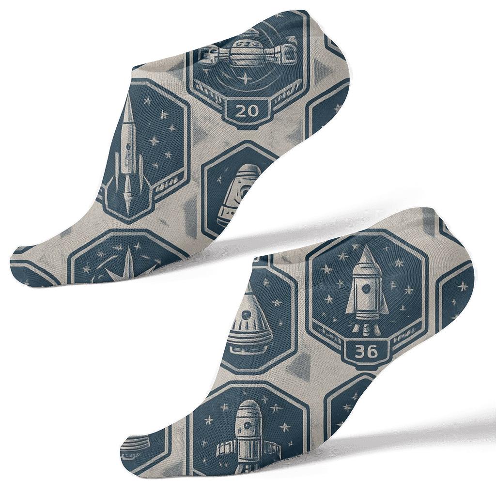 Vintage Space Mission Patch Tessellation On Metallic Silver stylish athletic ankle socks