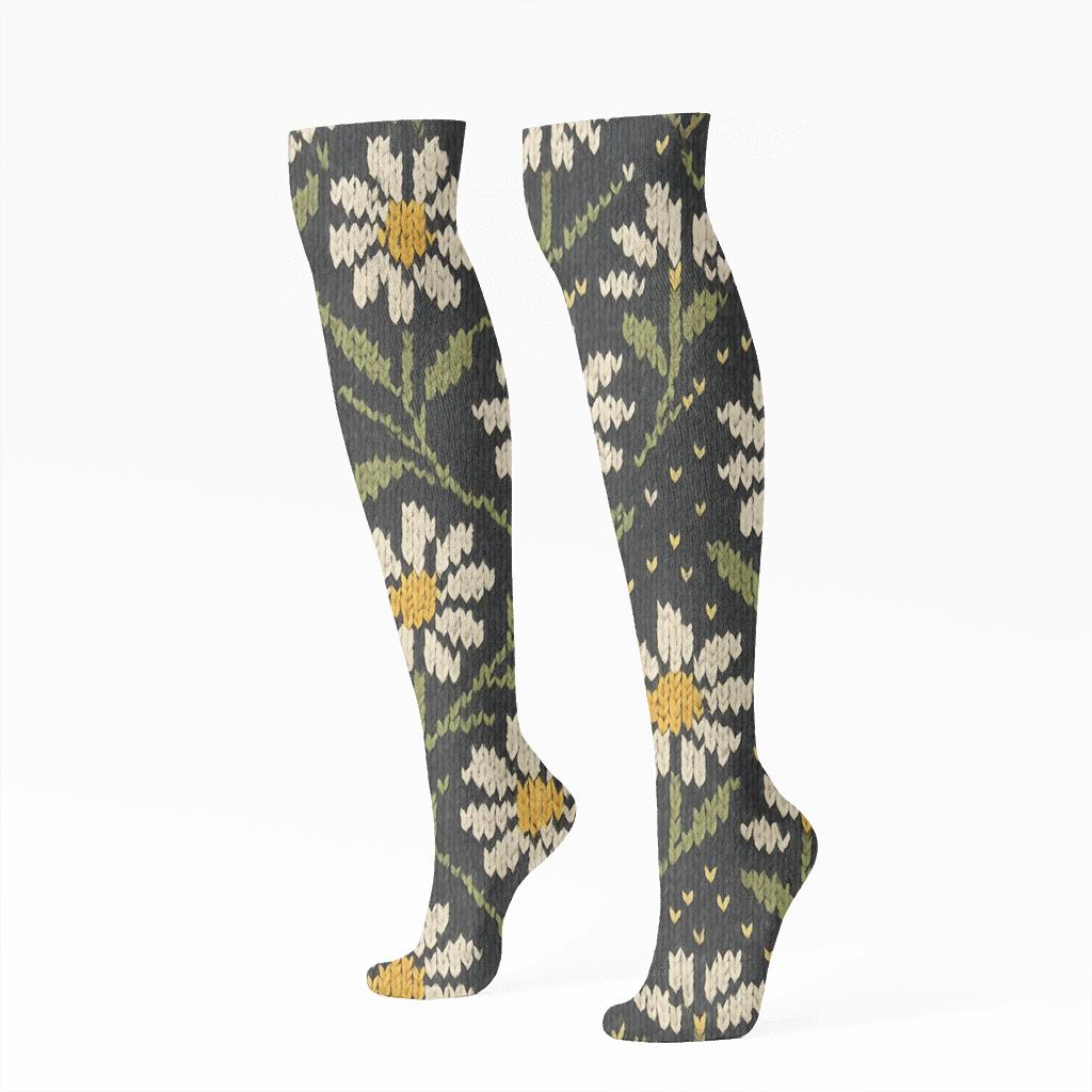 Ivory Daisy Chevron Knit Illusion On Charcoal Background unique graphic knee-high socks