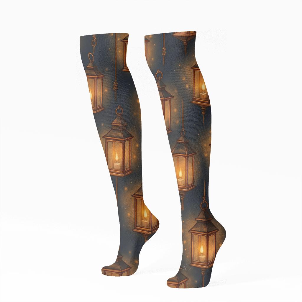 Gilded Lantern Tessellation On Midnight Navy premium sports knee-high socks