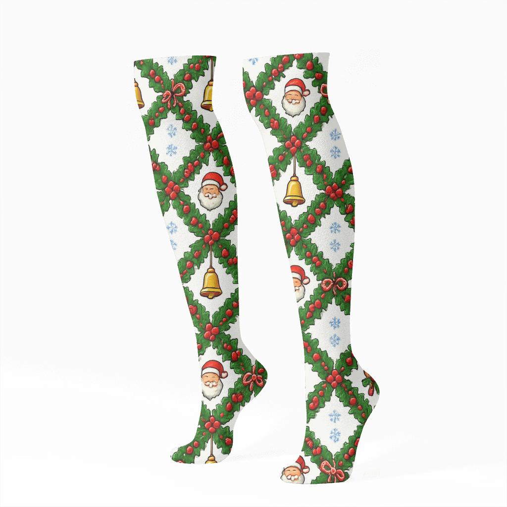Holly Garland Lattice With Santa Claus Charms unique graphic knee-high socks