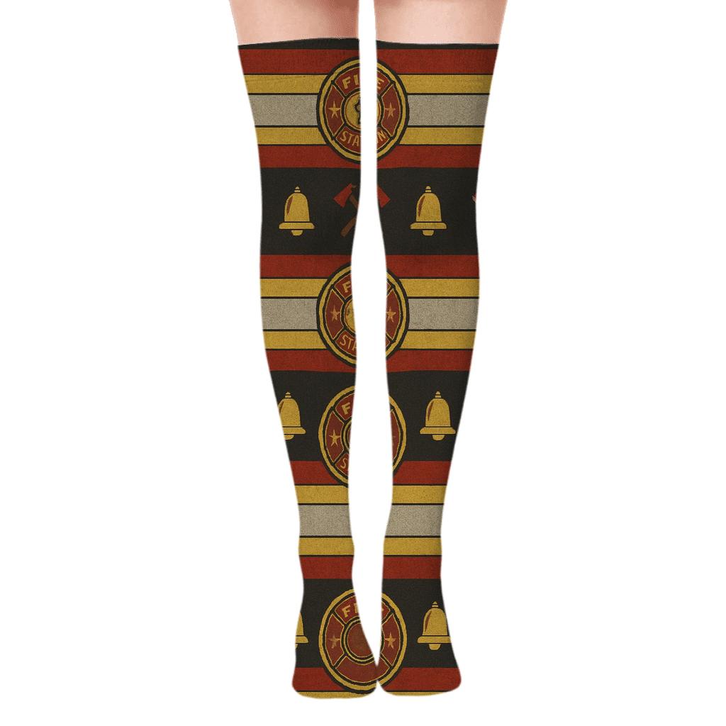 Ladder Stripe Bands With Fire Fighter Badge Repeat trendy patterned over-the-knee socks